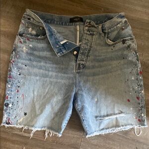 AMIRI Blue Jean Shorts with Distressed Paint Splatter